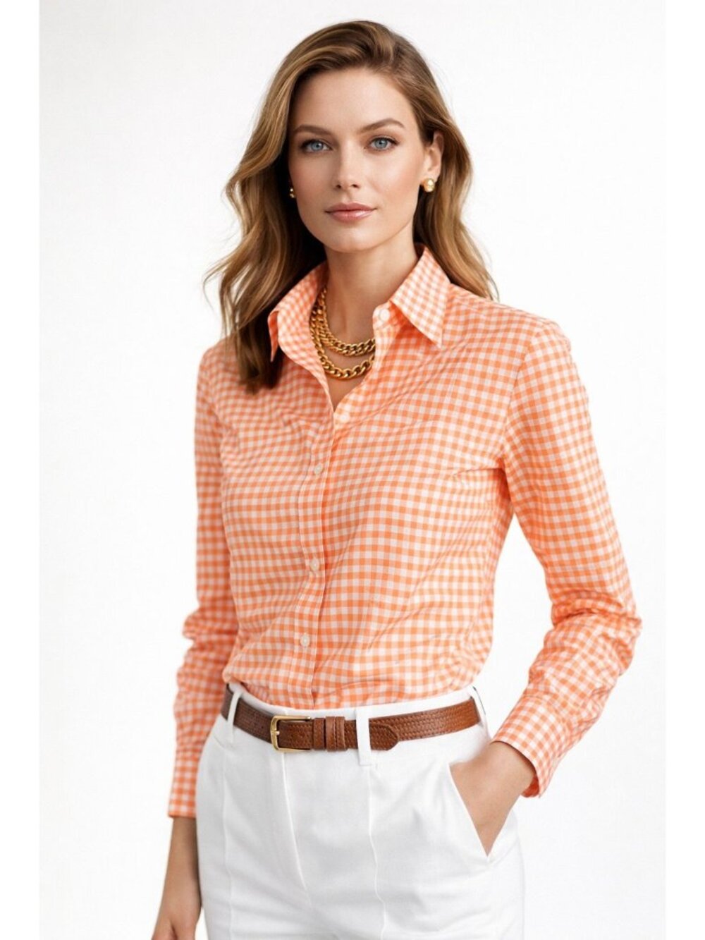 Lauren Ralph Lauren Orange White Gingham Stretch Non-Iron Button-Up Shirt Preppy